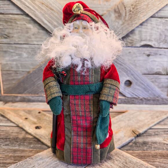 Traditional Christmas Santa Treetop/Tabletop-Embroidered Coat/Plaid Accents-10"H - Picture 1 of 8